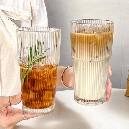 TUZAZO 20 Oz Ribbed Glass Tumblers with Lids and Straws - 4 Pack Glass Coffee Cups with Straws and Lids, Thicken Glass, Ideal for To Go Iced Coffee
