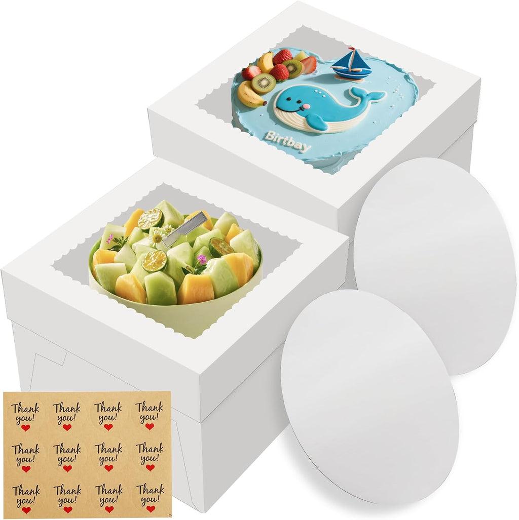 Skiennix Cake Boxes - 12x12x8 Inches Tall White Bakery Boxes with Large Window | 2 Pack, Disposable Transport Containers for Cakes, Cookies, Pies, Weddings, Birthdays