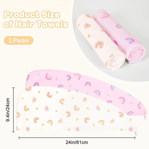 FIOBEE Microfiber Hair Towel Wrap for Kid Rapid Drying Towel Absorbent Hair Turbans for Wet Hair with Button Women Girls Long Curly Hair Pack of 2, Pink/Coffee Rainbow