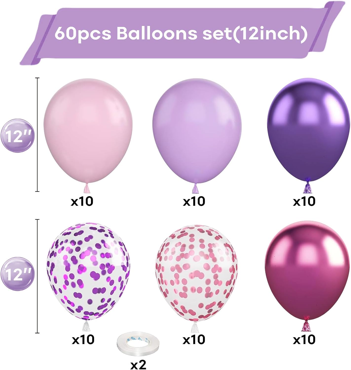 Togvu 12-Inch Metallic Purple & Pink Balloons - 60 Pack Confetti Latex for Birthday & Baby Shower Decor