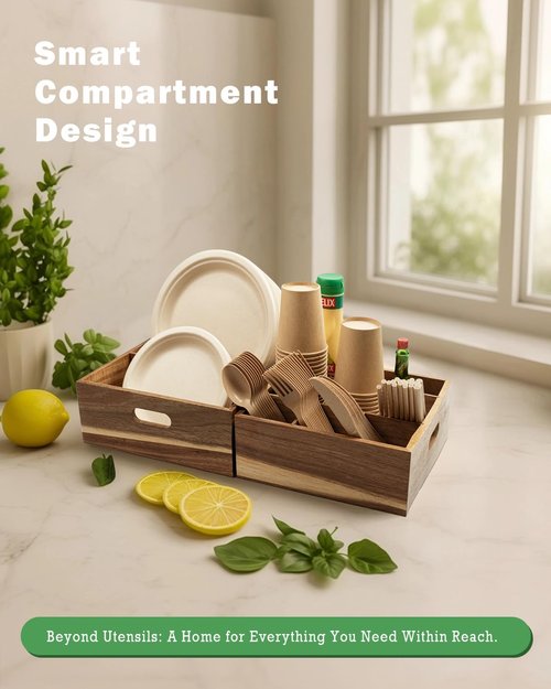 Acacia Wood Utensil Holder for Party (Set of 2) - 11" x 9.5" Utensil Caddy for Parties & Silverware Caddy for Countertop - Holds Plates, Napkins, Cups, Spoons, Forks - Kitchen Accessories