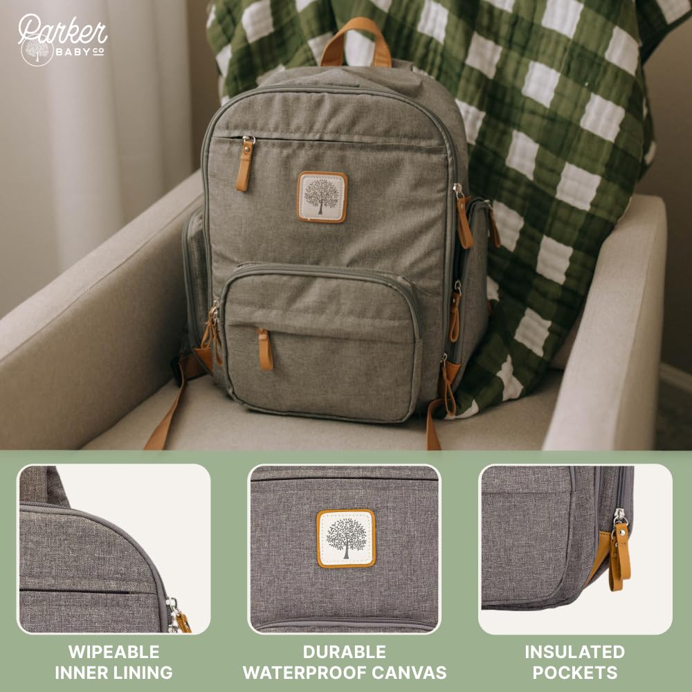 Parker Baby Diaper Backpack - Insulated Full Zip Diaper Bag for Parents - Gray Color
