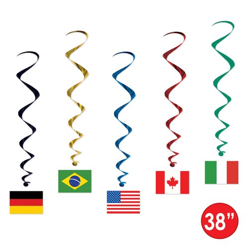 Beistle 5 Count International Flag Hanging Spirals (Pack of 2) - Green, Red, Blue, Yellow - Plastic and Cardstock
