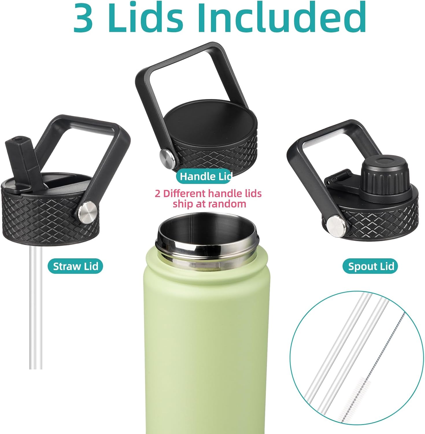 Skiennix 22oz Stainless Steel Water Bottle - Insulated with 3 Lids | Macaron Green