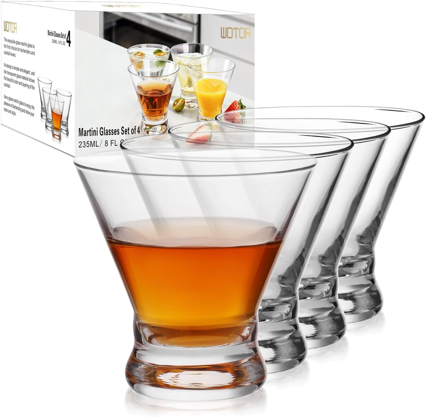 WOTOR Stemless Martini Glasses Set of 4, 8oz Cocktail Glass Set, Fancy Modern Martini Cups for Bar, Short and Small Margarita glasses