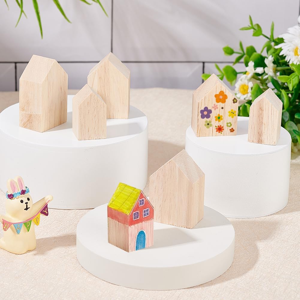OLYCRAFT Unfinished Wood House Shaped Blocks - 12 Pcs in 4 Sizes for Farmhouse Decor | Crafting & DIY Projects