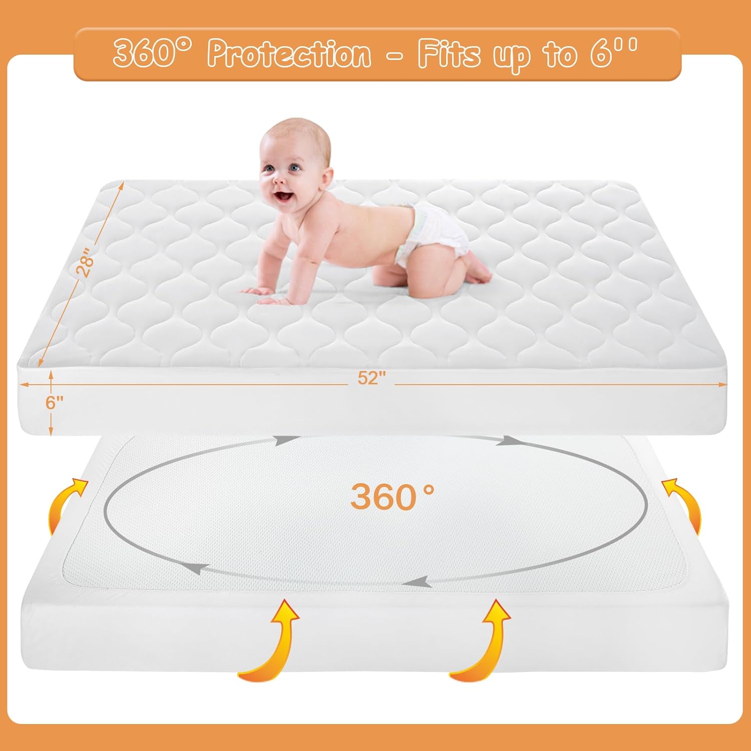 Yoofoss Waterproof Crib Mattress Protector - Soft, Breathable Quilted Pad for Standard Baby Crib 52''x28''