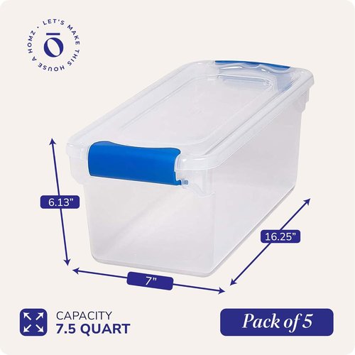 HOMZ Clear Plastic Storage Organizer Bins - 5-Pack 7.5 Quart with Blue Latch | Stackable Containers for Home & Garage