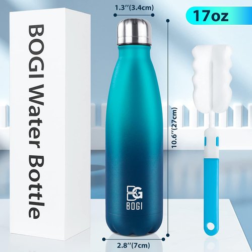 BOGI Insulated Water Bottle - 17oz Stainless Steel, Leak-Proof Design, Keeps Drinks Cold for 24 Hours | Blue