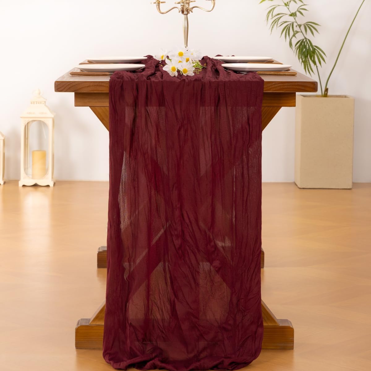 Socomi Burgundy Red Cheesecloth Table Runner - 120 Inch Boho Rustic Sheer Decor for Weddings & Events