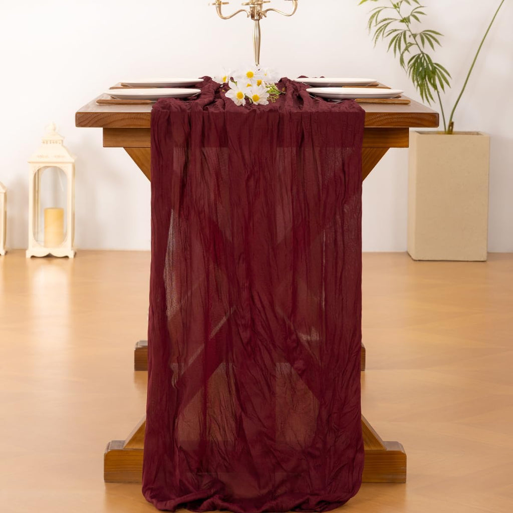 Socomi Burgundy Red Table Runner - Boho Rustic Cheesecloth Sheer 120 Inch for Weddings & Parties
