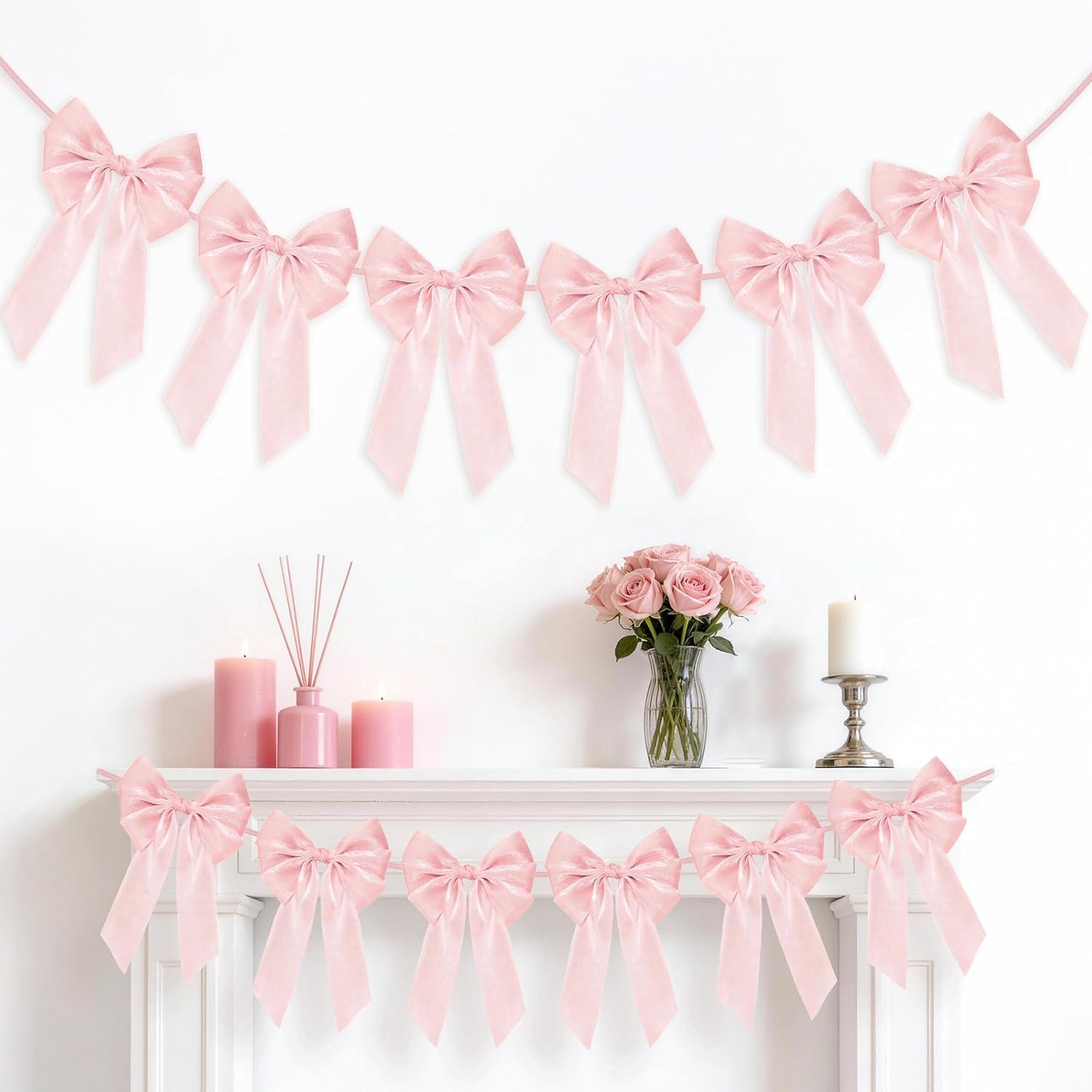 Skiennix 6.5ft Pink Bows Garland Banner - 6 Pcs Pre-Strung Bow Party Decorations for Birthdays & Showers