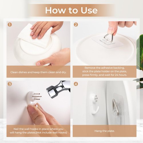 Bilillo 10 Pack Invisible Vertical Plate Hangers, 2.3 Inch Adhesive Plastic Hooks for Hanging Decorative Plates, Wall Art, and Small Artwork