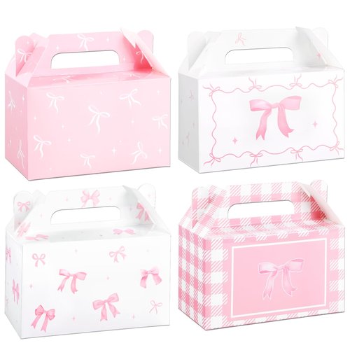 Justforjoyful 12 Pcs Pink Bow Treat Boxes Party Supplies Bow Party Favors Goodie Gift Boxes for Birthday Bachelorette Engagement Baby Shower Party Decoration Bow themed Treat Candy Box Home