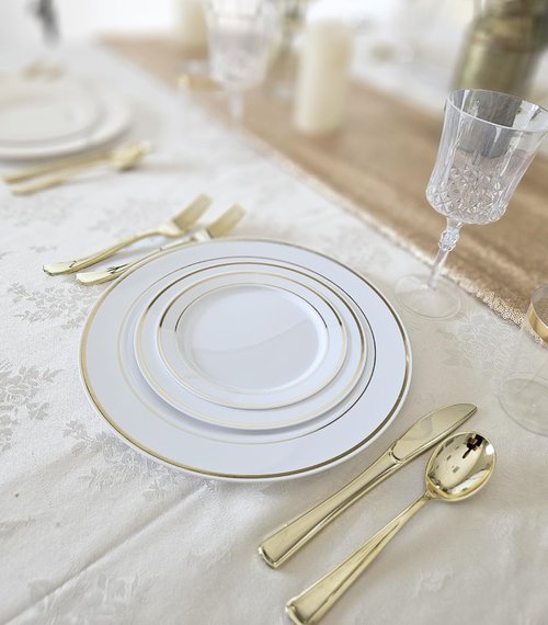 OCCASIONS 120 Plates Pack,(60 Guests) Heavyweight Premium Wedding Party Disposable Plastic Plates Set -60 x 10.5'' Dinner + 60 x 7.5'' Salad/Dessert (White & Gold Rim)
