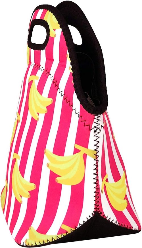 Allydrew Insulated Neoprene Lunch Bag - Stylish Zipper Tote in Bananas and Stripes Design