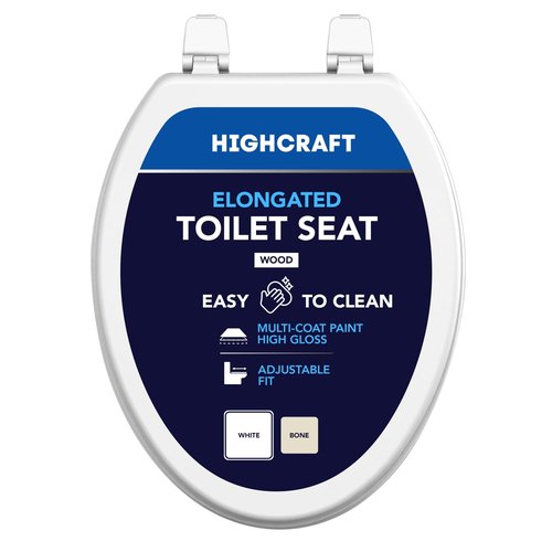 HIGHCRAFT Elongated Toilet Seat with Adjustable Hinges - Molded Wood Toilet Seat - Fits Standard Elongated Toilets - Oval Seat in White
