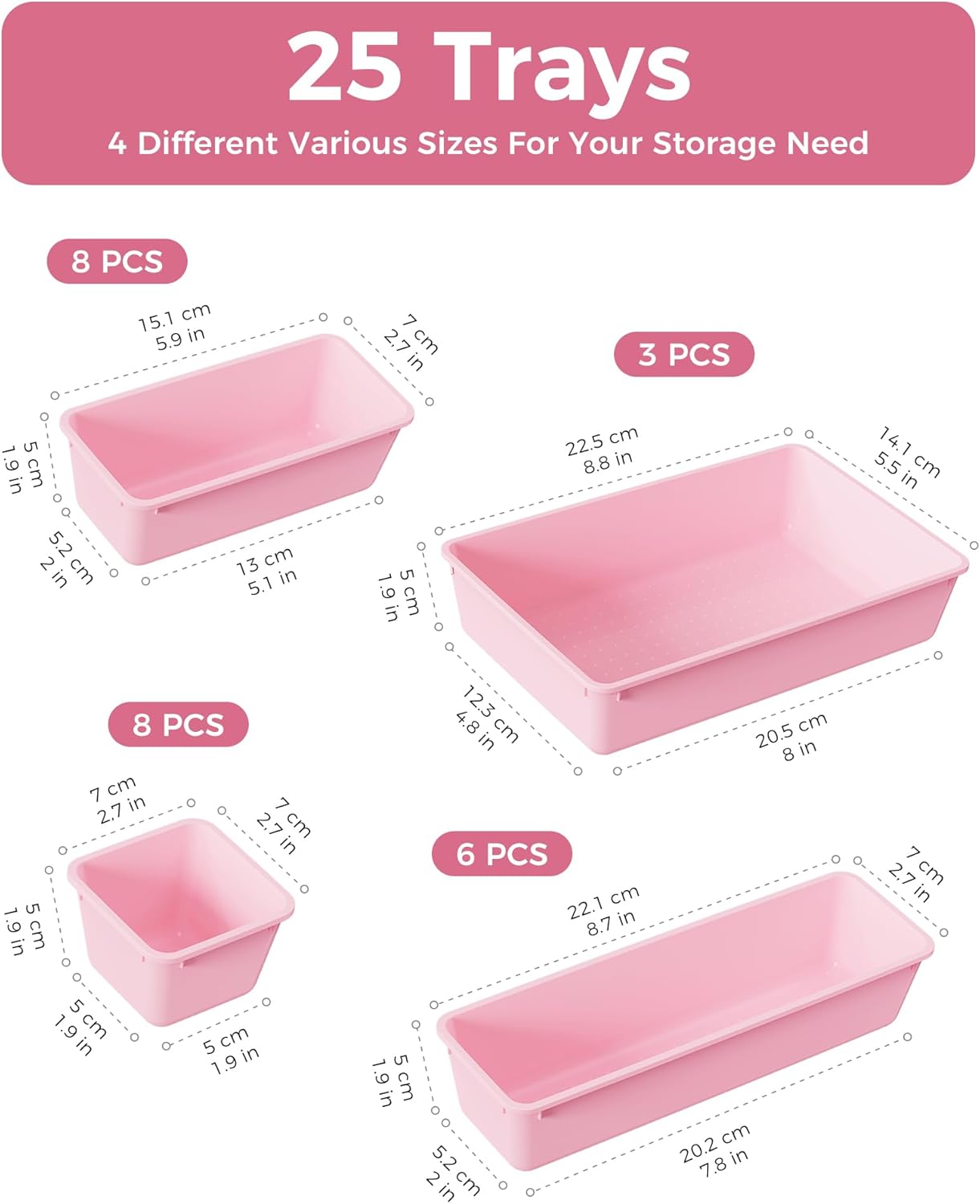 BiuLeon 25 PCS Plastic Drawer Organizers Set - Versatile Makeup & Vanity Storage | Pink, 4 Sizes