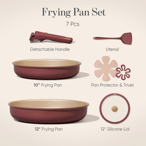 CAROTE Titanium Reinforced Nonstick Frying Pans Skillets 2 piece Set with Lids, Non-Stick Fry Pan Egg Pan with Detachable Handle, PFOS, PFOA Free, Induction Compatible(10-inch & 12-inch), Burgundy