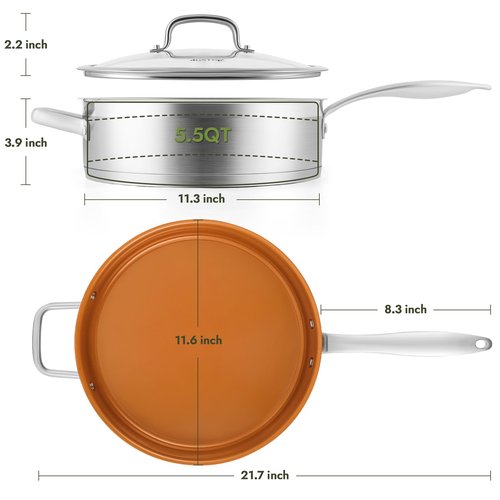 duxtop pro Ceramic Saute Pan with Lid, 5.5QT Nonstick Frying Pan without PFAS, PTFE, or PFOA, Stainless Steel Base Deep Skillet for All Cooktops, Oven & Dishwasher Compatible