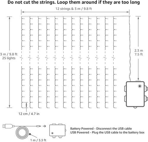 LE Fairy Curtain Lights - 300 LED Battery Operated & USB Plug-In String Lights | 10 x 10 ft for Bedroom & Events