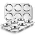 E-far Muffin Top Pan Set of 2, Stainless Steel 6-Cavity Shallow Cupcake Pan for Baking Whoopie Pie, Yorkshire Pudding, Eggs, Cornbread, Drop Cookies, Non-toxic & Standard Size, Oven & Dishwasher Safe