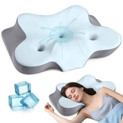 Cerrvical Neck Pillow- Ergonomic Memory Foam Pillows for Sleeping, Dual Ear Relief Zone Contour Pillow, Neck Support Pillows for Side Back &Stomach Sleeper (Blue)
