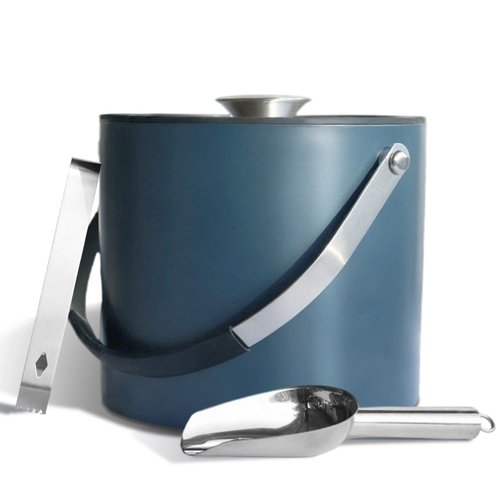 Bakpoco 4L Ice Bucket with Silicone Lid, Scoop, Tongs & Strainer, Stainless Steel Double Wall Insulated Ice Buckets for Parties & Cocktail Bar, Outdoor Champagne Ice Container Bin, Navy