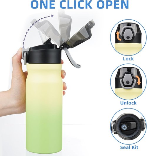 BJPKPK Insulated Water Bottle - 18oz Stainless Steel Flask with Straw & Carry Handle - Lime Green
