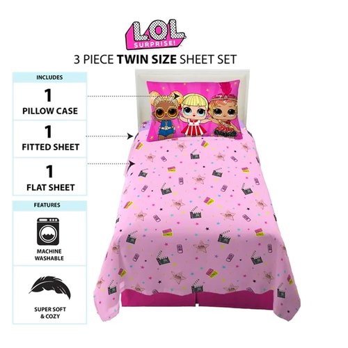LOL Surprise Bedding Set Twin Bed - Bundle with Flat Sheet, Fitted Sheet, and Double Sided Pillowcase for Twin Bed Plus Stickers, More | LOL Surprise Bedroom Decor