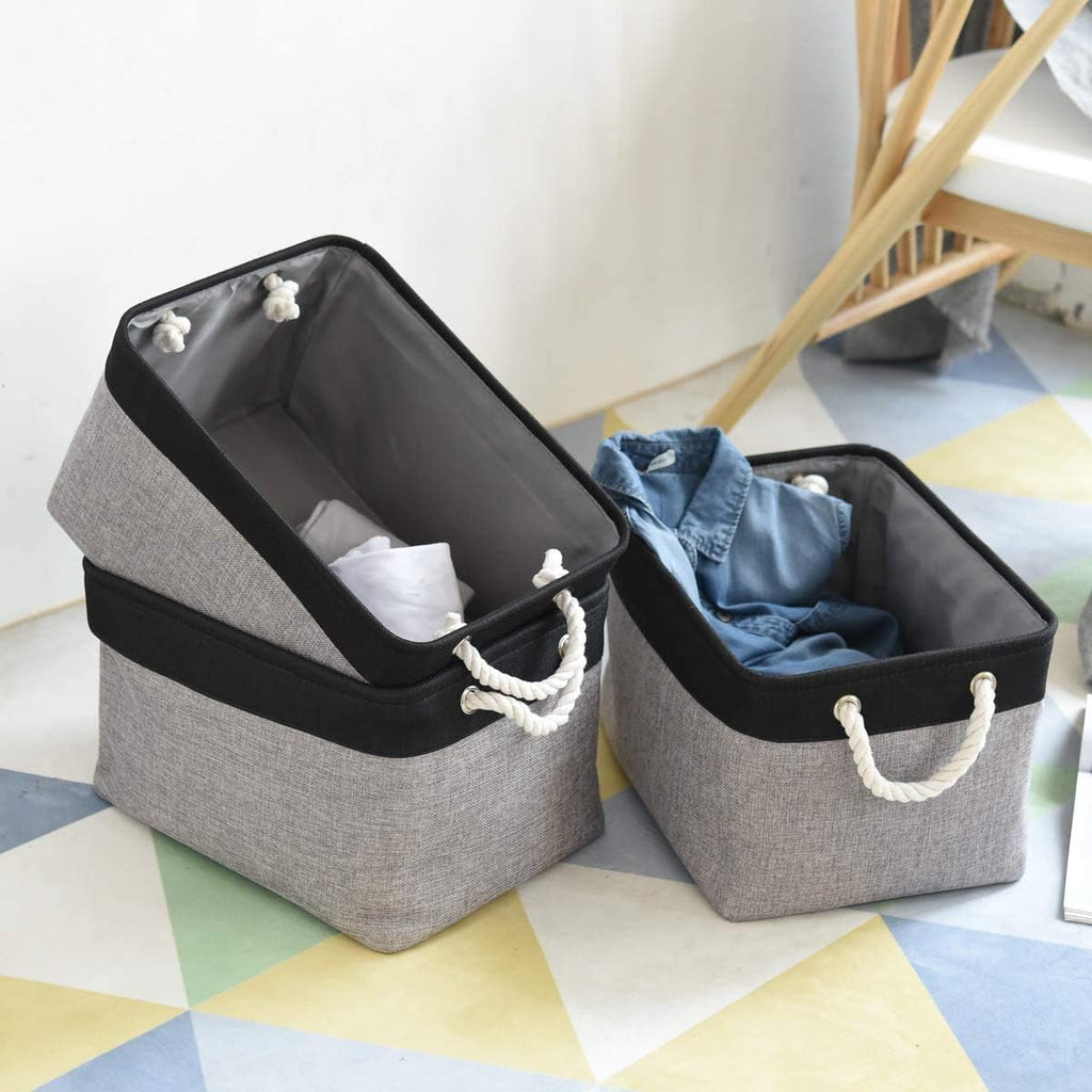 TheWarmHome Collapsible Storage Bins - Large 3-Pack Fabric Organizers with Rope | 16x12x8 Inch (Black & Grey)