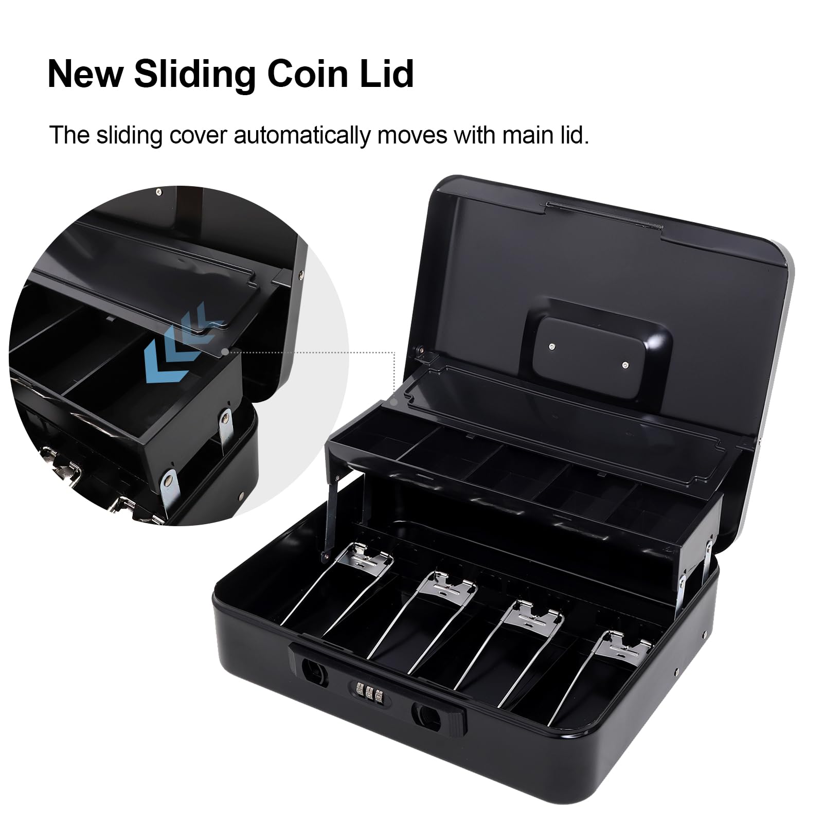Jssmst Cash Box with Sliding Coin Lid and Snap Latch Combination Lock - Portable Cash Box with Money Tray and Lock, Secure Locking Money Box for Cash Organizer, 11.8L x 9.5W x 3.5H Inches, Black