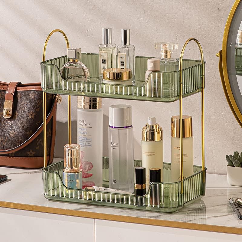 Shuang Qing Bathroom Counter Organizer - 2-Tier Makeup & Skincare Shelf in Green | Versatile Vanity & Spice Rack