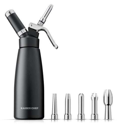 Professional Aluminum Whipped Cream Dispenser - 500 mL/1 Pint,Leak-Free Whipped Cream Maker Canister with 5 Decorating Nozzles & Cleaning Brush - for Desserts, Coffee Foam & Cold Foam (Black, 500ml)