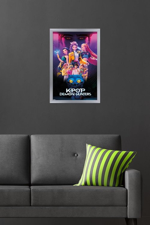 Netflix KPop Demon Hunters Wall Poster - Silver Framed, 22.4L x 14.7W for Stylish Decor