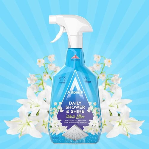 Astonish Daily Shower Shine White Lilies Cleaning Spray - No Scrub After Shower Spray Foam Prevents Watermarks & Limescale Buildup - Vegan Cruelty-Free Household Cleaning Products, 750ml Spray Bottle