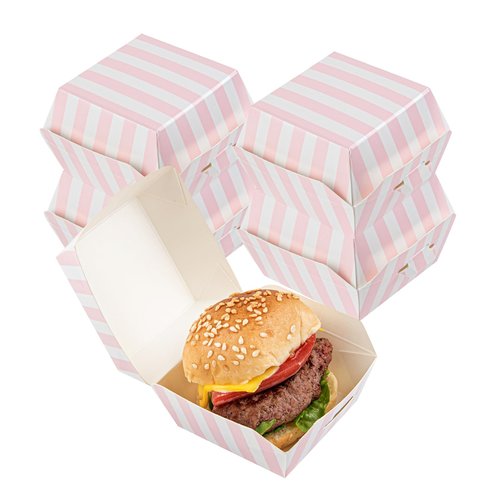 Restaurantware 2.5 x 2.5 x 2 Inch Mini Burger Boxes 100 Clamshell Food Containers - Hinged Lid Striped Pink And White Paper Take Out Boxes Serve Sliders Or Finger Foods