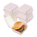 Restaurantware 2.5 x 2.5 x 2 Inch Mini Burger Boxes 100 Clamshell Food Containers - Hinged Lid Striped Pink And White Paper Take Out Boxes Serve Sliders Or Finger Foods