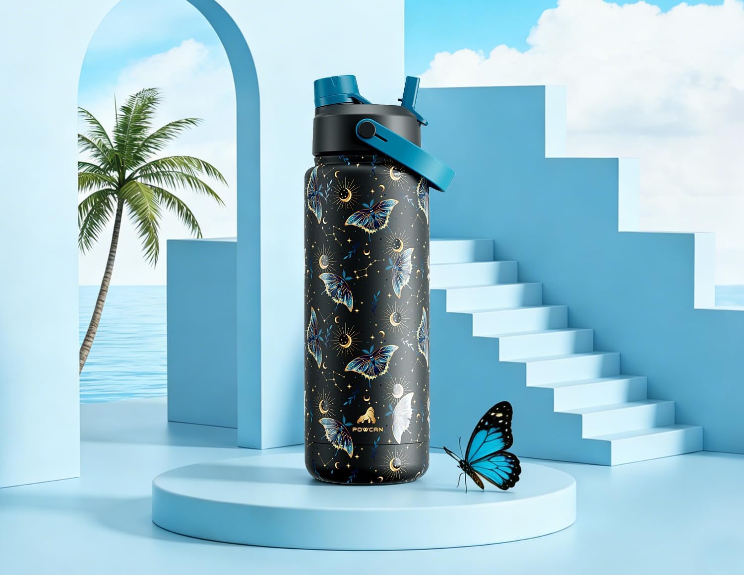 POWCAN 32 oz Insulated Water Bottle - 2-in-1 Straw & Spout Lid | Keeps Drinks Cold for 24H, BPA-Free, Gilded Flutter