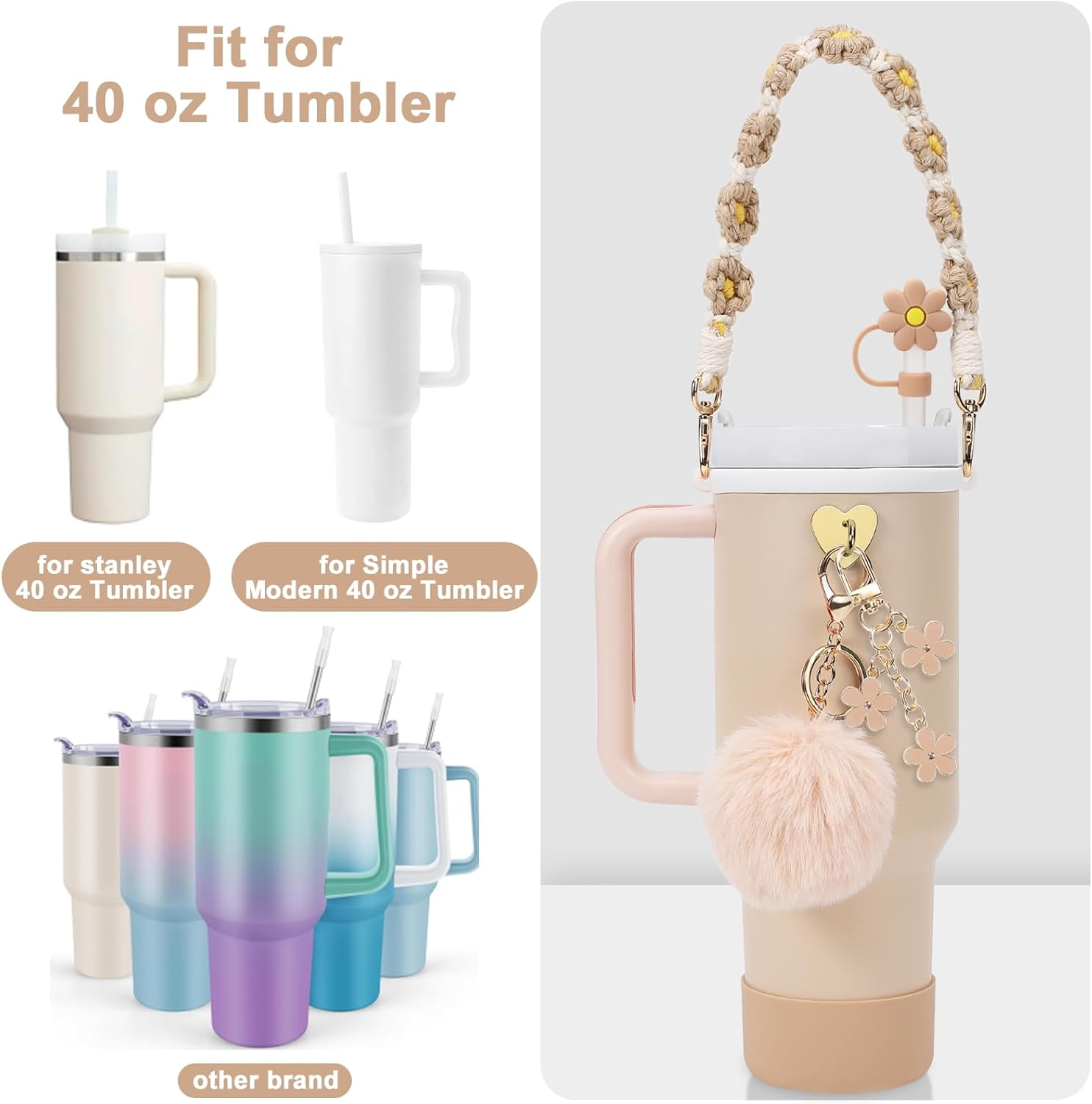Stanley Cup Accessories Set - Water Bottle Handle Strap, Silicone Boot & Straw Cover for 40oz & 30oz Tumblers
