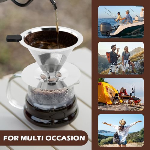 Pour Over Coffee Dripper With Cleaning Brush,Upgraded Double Micro Mesh Filter with Cup Stand,Stainless Steel Coffee Filter,Reusable Coffee Filter,Pour Over Coffee Maker(3-4cup)