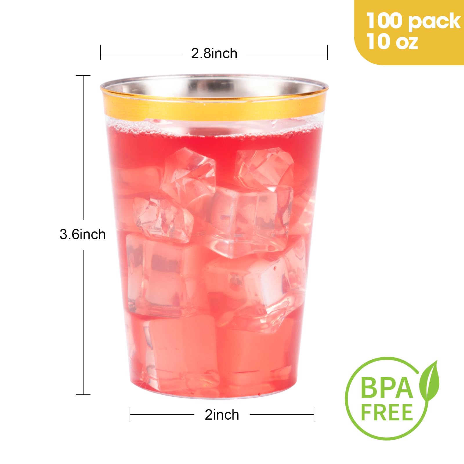 Goodluck 100PCS 10oz Gold Plastic Cups for Party, Disposable Gold Rim Cups, Plastic Cocktail Glasses for Wedding Thanksgiving, Christmas, and Parties