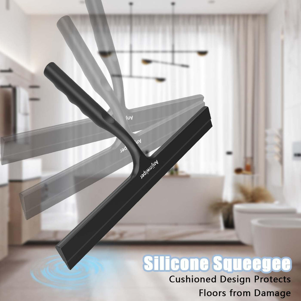 Skiennix Shower Squeegee - Silicone Window Cleaner Tool with Adhesive Hook | 10-Inch Black