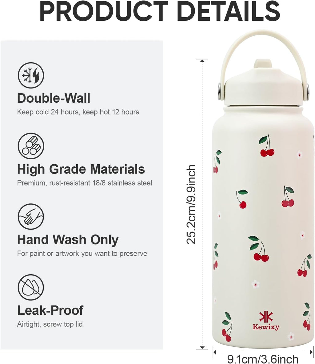 Skiennix 32 oz Insulated Water Bottle - Leak Proof Stainless Steel with Flip Straw & Handle | Cream Cherry