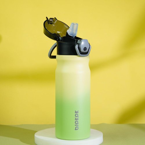 BJPKPK Insulated Water Bottle - 18oz Stainless Steel Flask with Straw & Carry Handle - Lime Green