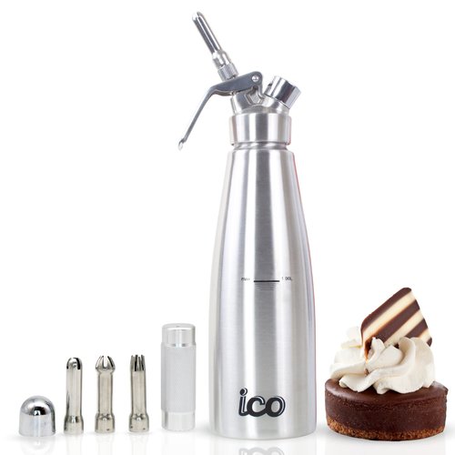 ICO 1 L (1 Quart) Professional Stainless Steel Whipped Cream Dispenser for Homemade Whipping Cream, Whipped Cream Dispenser for Desserts, Dips, Sauces, and Infused Oils & Liquors