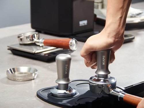 IKAPE 53mm Espresso Accessory Kit 6 in 1 Silver. Includes a Tamper, Distributor, Dosing Funnel, Puck Screen, Silicone Mat Station, and Cleaning Cloth