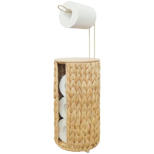 Coeusy Free Standing Toilet Paper Holder with Storage,Wicker Woven Hyacinth Toilet Paper Storage, Rattan Bathroom Decor 4 Rolls of Tissue Holder with Wooden Lid