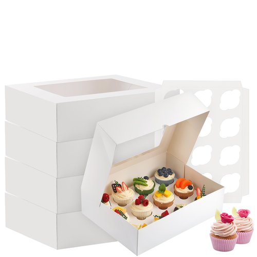 Svalor Cupcake Boxes, 4 Pack Disposable Cupcake Containers, Food Grade Cupcake Carrier 12 Count with Window and Inserts, Cupcake Transport Holders Bulk for Muffins Cookies Treats Dessert（White）