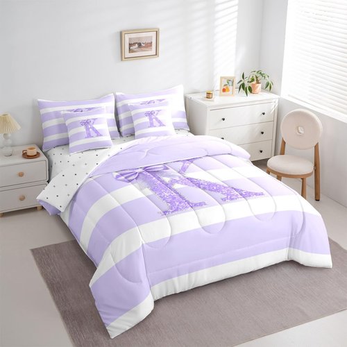 Erosebridal Monogram Letter K Full Size 7 Piece Bedding Set for Kids Purple Bow Bed in A Bag Personalized Glitter Initial Comforter Set for Girls Teens Bedroom Decor Modern Aesthetic Stripes Bed Sets